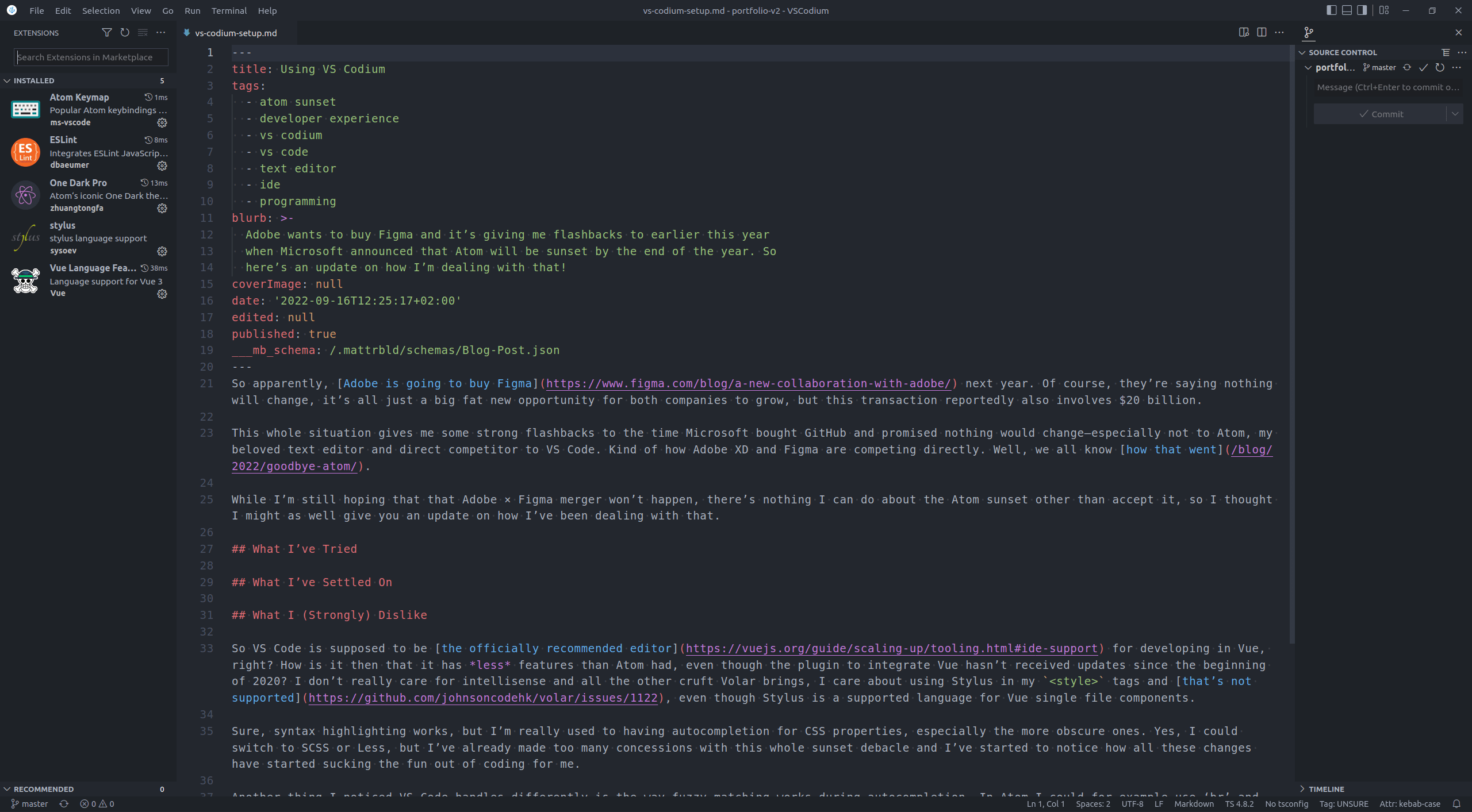 A screenshot of VS Codium showing the installed extensions on the left and version control with Git on the right