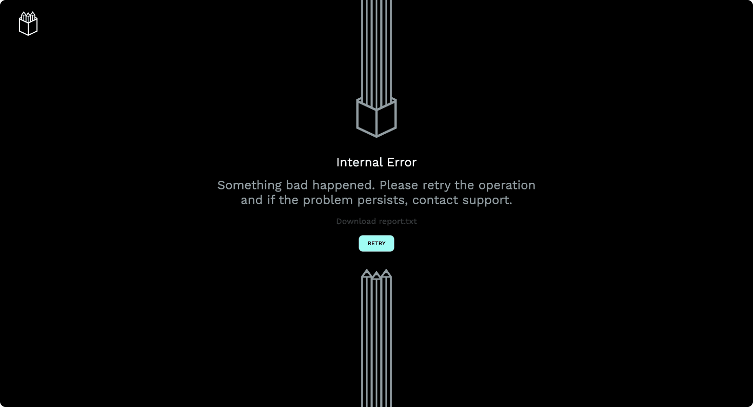 A screenshot of the error screen Penpot showed after the crash. It has some vertical lines going across a black screen with some text in the middle informing of an error and a button to reload.