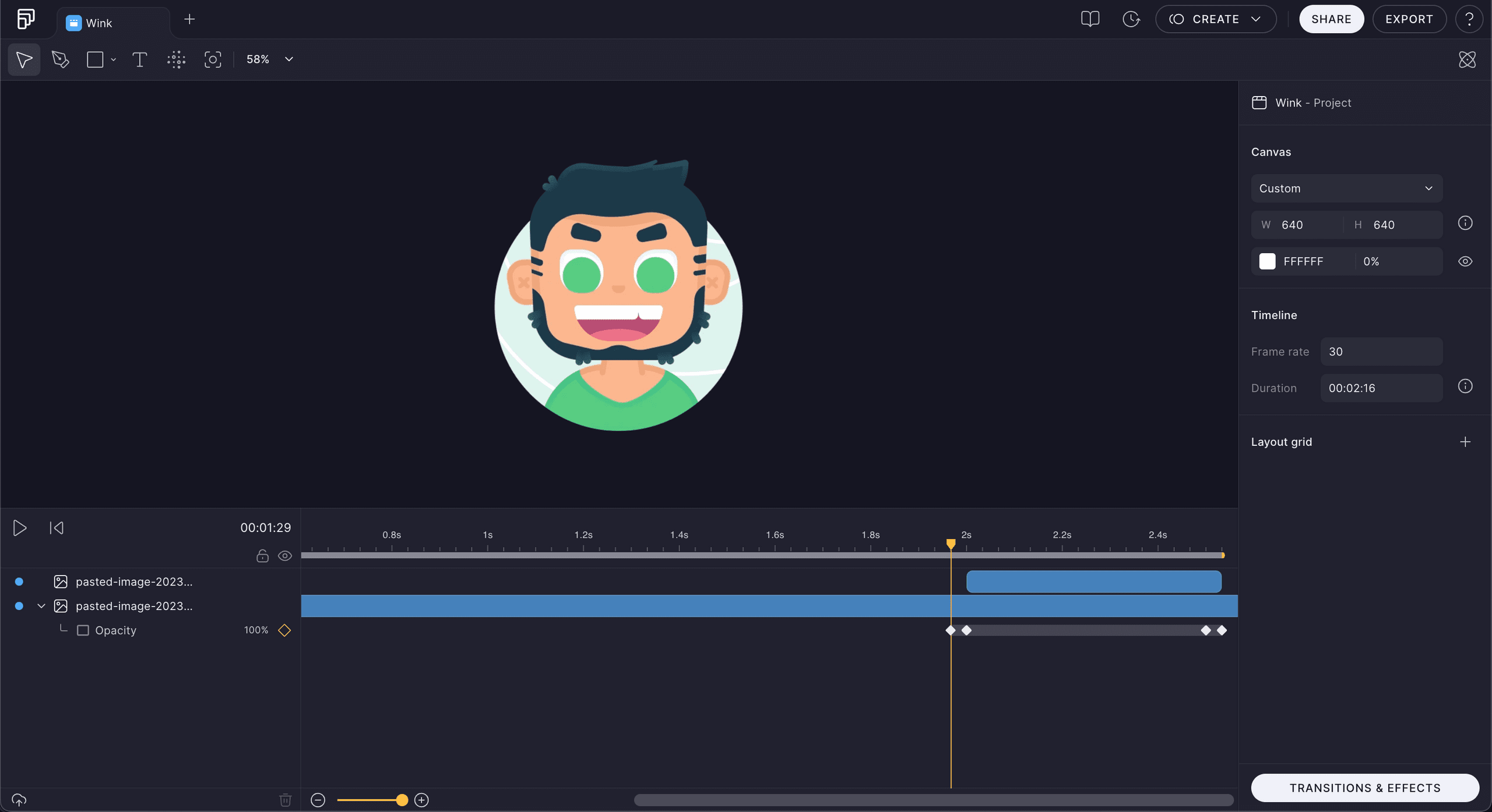 A screenshot of the fable UI with a toolbar at the top, a work area in the center, a layer stack and timeline on the bottom and an inspector panel for properties on the right