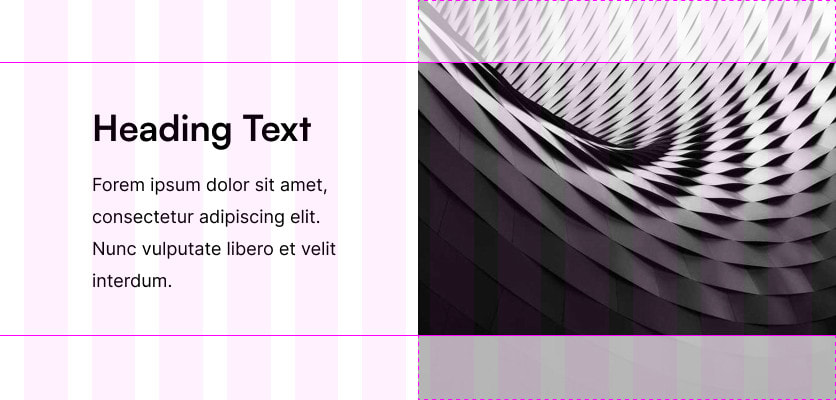 A visualisation of a text-media module with some example text on the left and an abstract image on the right. A grid with 12 columns is barely visible overlaid on top, as well as two horizontal lines denoting the supposed height of the grid row. The parts of the image outside of those two lines are shown in a lowered opacity.