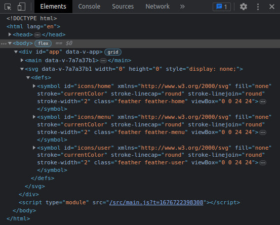 The source code for the example page showing the icons in the SVG sprite