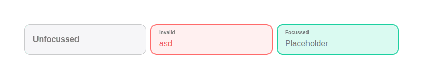 Three input fields next to each other, one shows the unfocussed state, one the invalid state by having a red border and one the focussed state by having a light green background and a green border. In the invalid and focussed states, the label of the field is shown smaller at the top left
